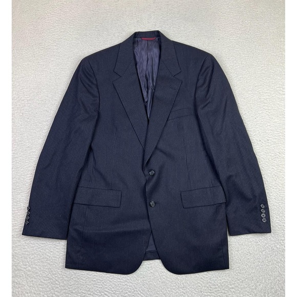 Vintage Hart Schaffner Marx Suit Jacket Mens 38R Blue Striped Wool 2 Button 80s